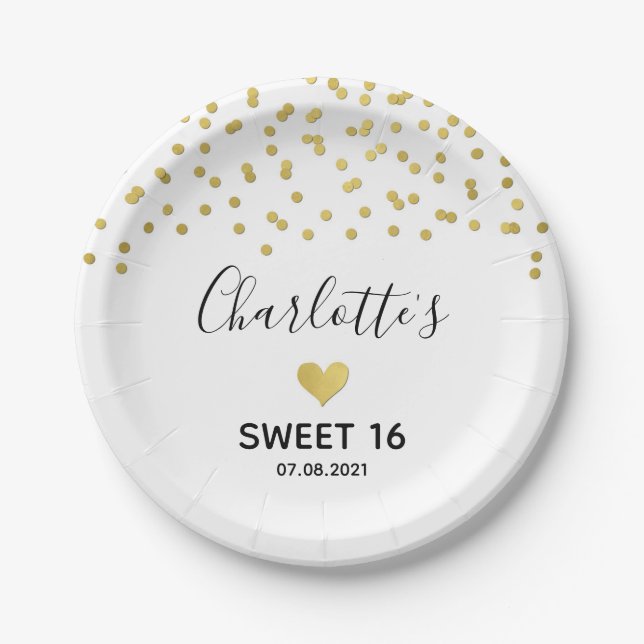 Gold Confetti Sweet 16 Birthday Party Paper Plates (Front)