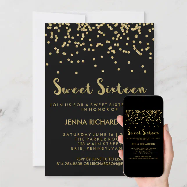 Gold Confetti Sweet Sixteen Party On Black Invitation Zazzle