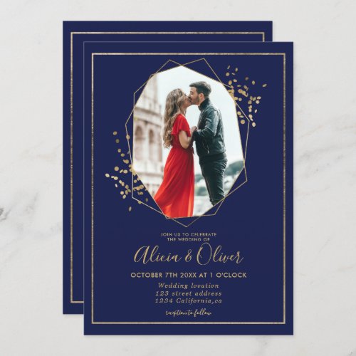 Gold confetti terrarium navy blue photo wedding invitation