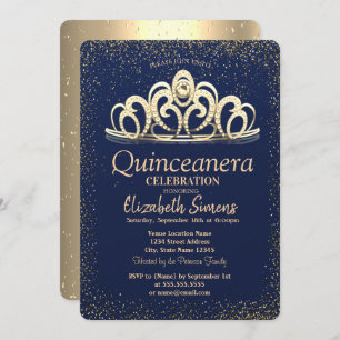 Gold Confetti Tiara Navy Blue Quinceañera Invitation