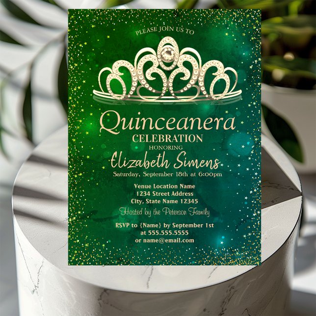 Gold Confetti Tiara Watercolor Green Quinceañera   Invitation (Creator Uploaded)