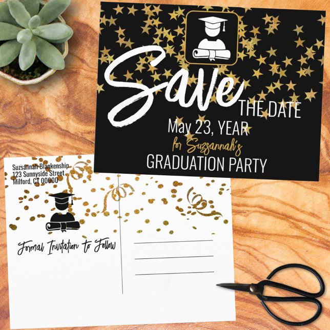 Gold Confetti Top On Black Custom Graduation Announcement Postcard (Creator Uploaded)