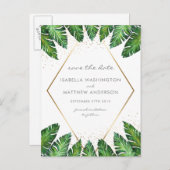 Gold Confetti & Tropical Palm Leaves Save The Date Announcement Postcard (Front/Back)