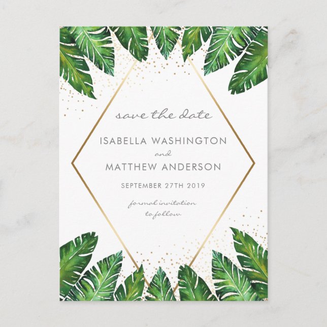 Gold Confetti & Tropical Palm Leaves Save The Date Announcement Postcard (Front)