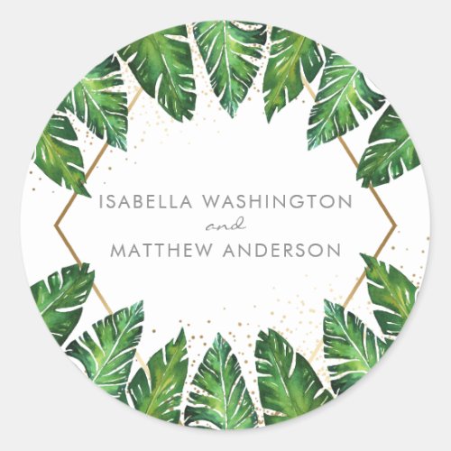Gold Confetti & Tropical Palm Leaves Wedding Classic Round Sticker - Create your own "Gold Confetti & Tropical Palm Leaves Wedding" by Eugene Designs.