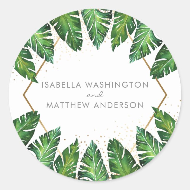 Gold Confetti & Tropical Palm Leaves Wedding Classic Round Sticker (Front)