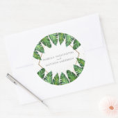 Gold Confetti & Tropical Palm Leaves Wedding Classic Round Sticker (Envelope)