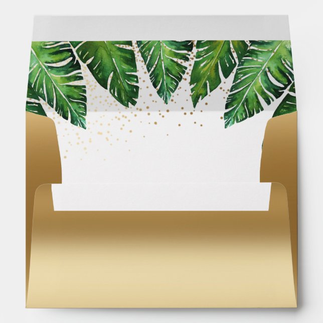 Gold Confetti & Tropical Palm Leaves Wedding Envelope (Back (Bottom))
