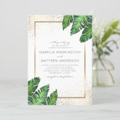 Gold Confetti & Tropical Palm Leaves Wedding Invitation (Standing Front)