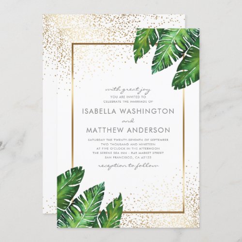 Gold Confetti & Tropical Palm Leaves Wedding Invitation - Create your own tropical themed wedding invitations with our easy-to-use template by Eugene Designs. Featuring green palm leaves on the top right corner and bottom left corner with faux gold foil confetti sprinkled on the corners and a rectangular gold border. Simply click on "Personalize this template" and add your names, date, time,... and take home the perfect summer wedding invitation!