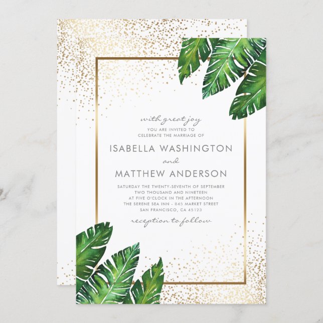 Gold Confetti & Tropical Palm Leaves Wedding Invitation (Front/Back)