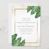 Gold Confetti & Tropical Palm Leaves Wedding Invitation (Front)