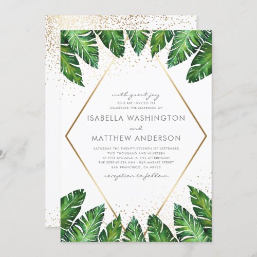 Gold Confetti & Tropical Palm Leaves Wedding Invitation - Create your own "Gold Confetti & Tropical Palm Leaves Wedding" invitations by Eugene Designs.