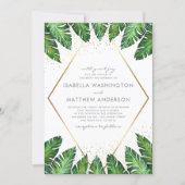 Gold Confetti & Tropical Palm Leaves Wedding Invitation (Front)