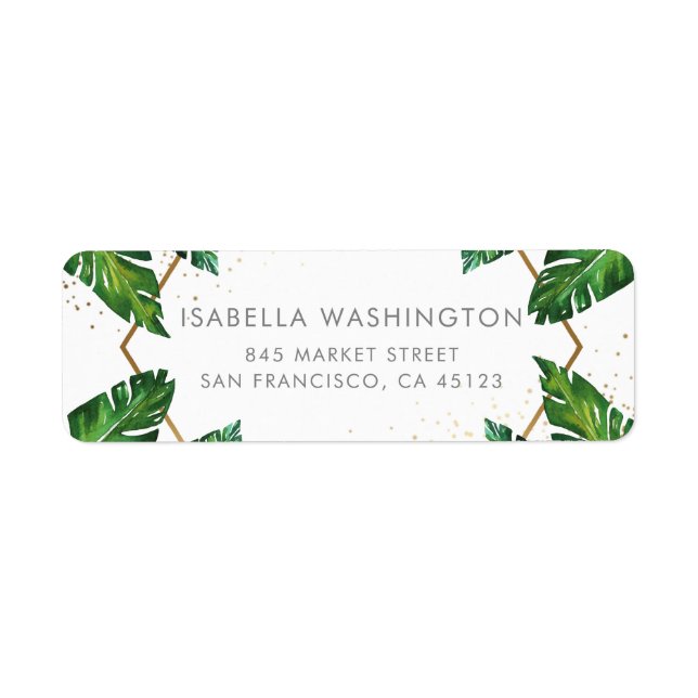 Gold Confetti & Tropical Palm Leaves Wedding Label (Front)