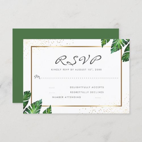 Gold Confetti  Tropical Palm Leaves Wedding RSVP Card