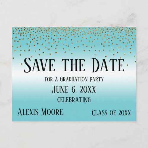 Gold Confetti Turquoise Graduation Save the Date Postcard