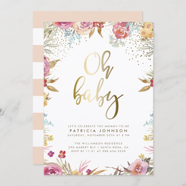 Gold Confetti & Typography Floral Oh Baby Shower Invitation (Front/Back)