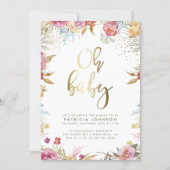 Gold Confetti & Typography Floral Oh Baby Shower Invitation (Front)