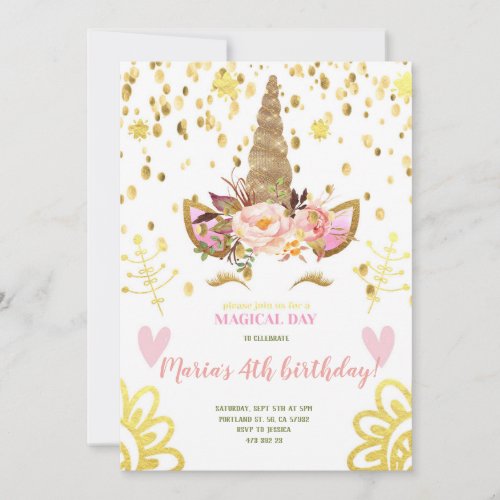 Gold Confetti Unicorn face Birthday Invitation 