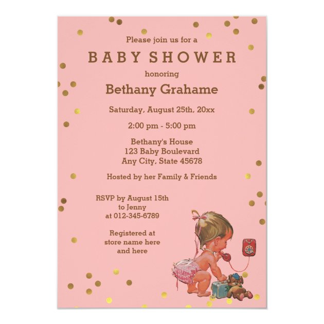 Gold Confetti Vintage Baby On Phone Baby Shower Invitation