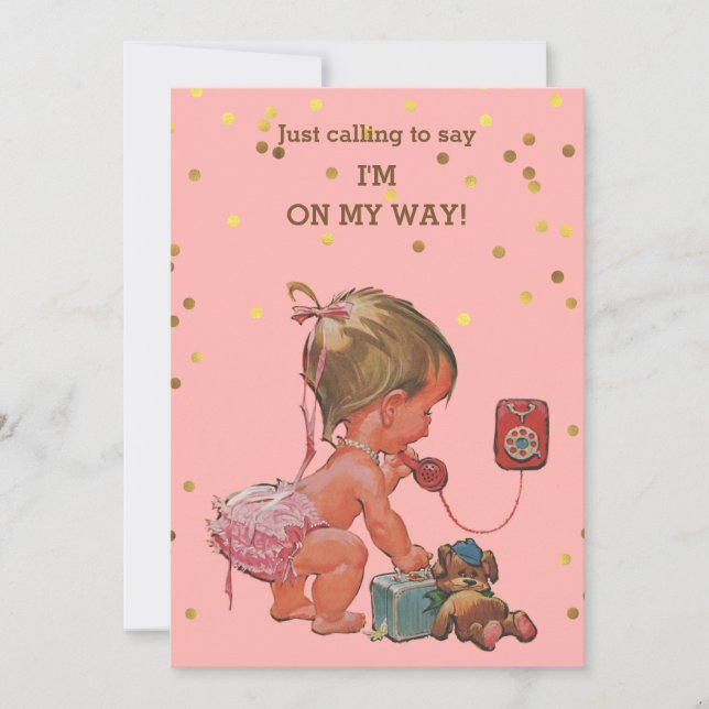 Gold Confetti Vintage Baby on Phone Baby Shower Invitation (Front)