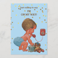 Gold Confetti Vintage Boy on Phone Baby Shower Invitation