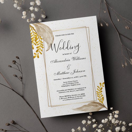 Gold confetti vintage brown leaves floral Wedding  Invitation