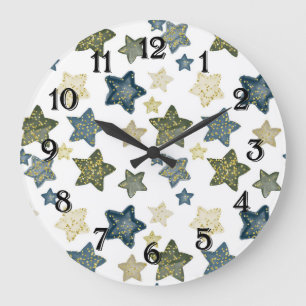 Gold Confetti Watercolor Stars Large Clock