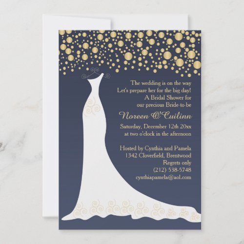 Gold confetti wedding gown on blue Bridal Shower Invitation
