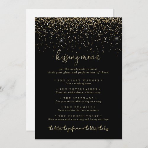 Gold Confetti Wedding Kissing Menu Game Card