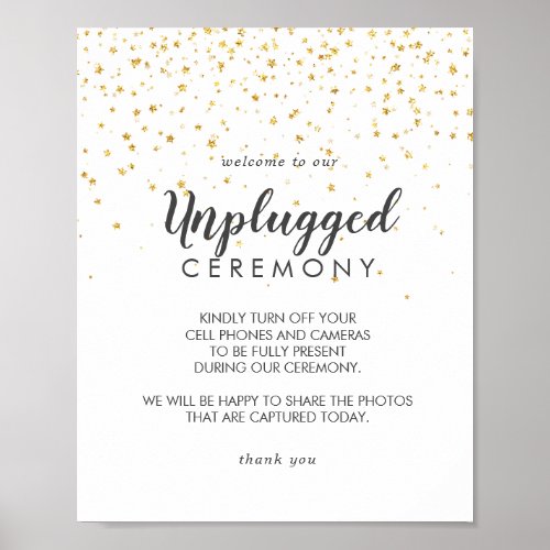 Gold Confetti Wedding Unplugged Ceremony Sign