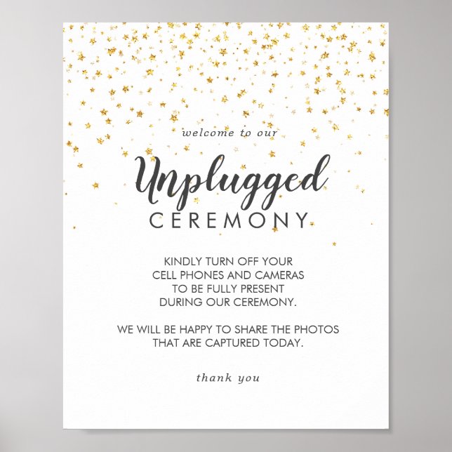 Gold Confetti Wedding Unplugged Ceremony Sign (Front)