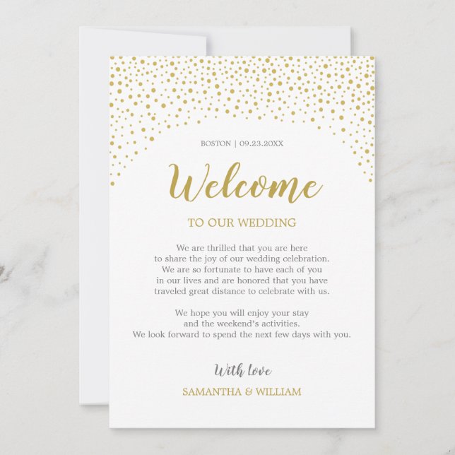 Gold Confetti Wedding Welcome Note | Custom Color Invitation (Front)