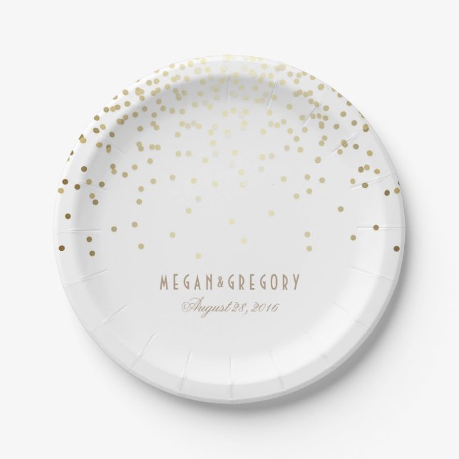 Gold Confetti White Elegant Glitter Wedding Paper Plates (Front)