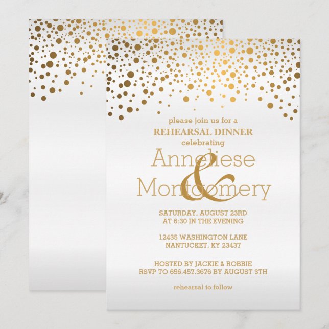 Gold Confetti & White Rehearsal Dinner Invitation (Front/Back)