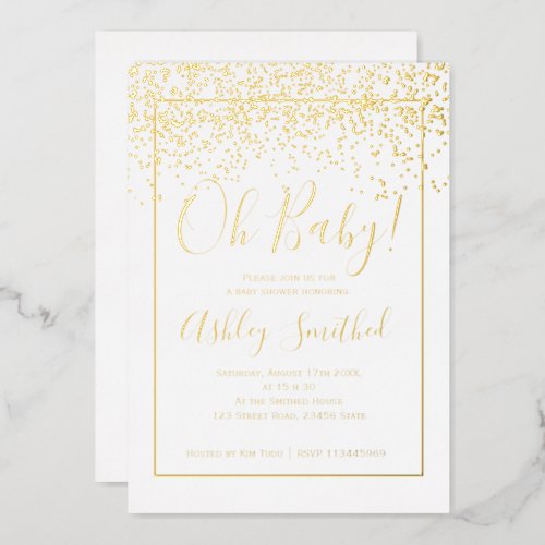 gold confetti white typography baby shower foil invitation