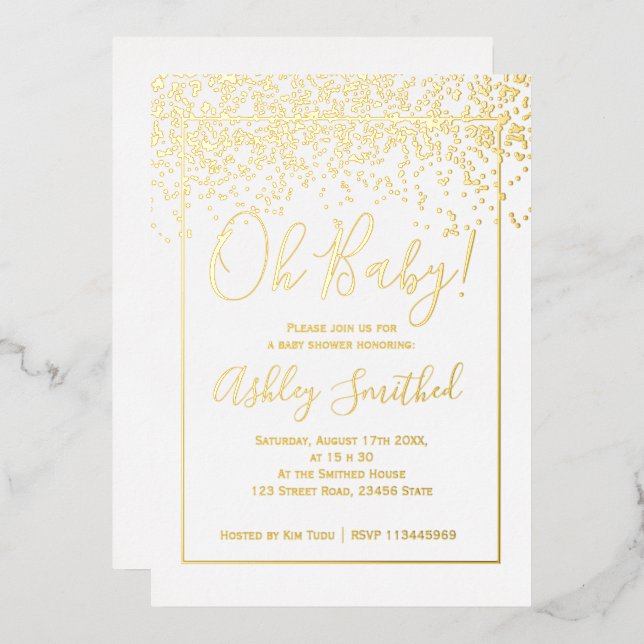 gold confetti white typography baby shower foil invitation (Front/Back)