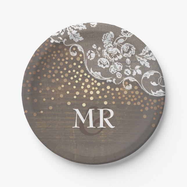 Gold Confetti Wood Lace Wedding Monogram Paper Plates (Front)