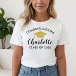 Gold Congratulations Graduate Name 2026 T-Shirt<br><div class="desc">Shine as bright as your graduate with this white tee featuring a gold graduation cap, "Congratulations" in arched black text, and the graduate's name in elegant script above "Class of 2026." The back showcases a customizable photo of your grad for a meaningful keepsake. A beautiful monogram shirt for proud moms,...</div>