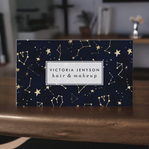 Gold constellation heart star navy blue watercolor business card