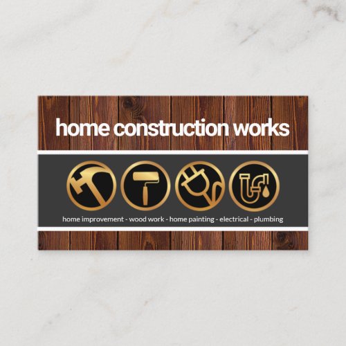 Gold Construction Tools On Timber Wood Building Business Card