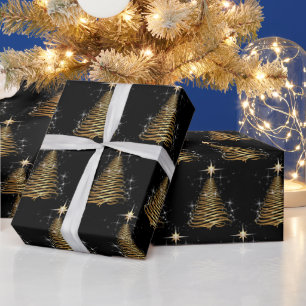 Gold Contemporary Christmas Tree On Black Wrapping Paper