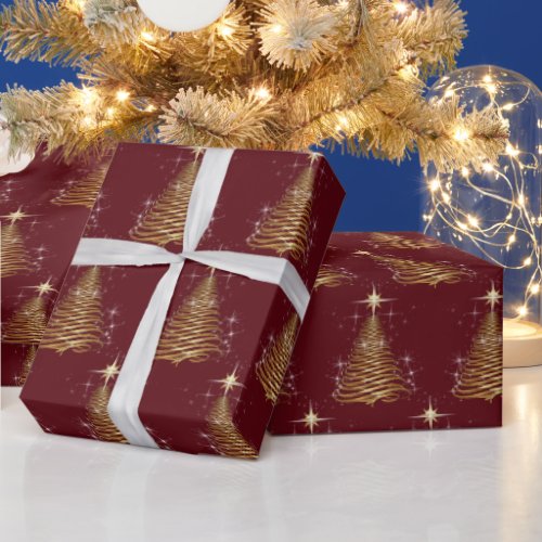 Gold Contemporary Christmas Tree On Maroon Wrapping Paper