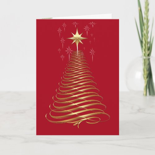 Gold Contemporary Holiday Tree On Red Card