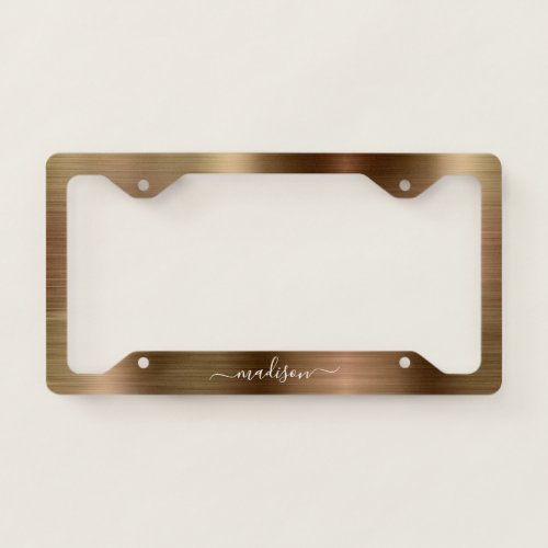 Gold Copper Brushed Metal Monogram Girly Script License Plate Frame
