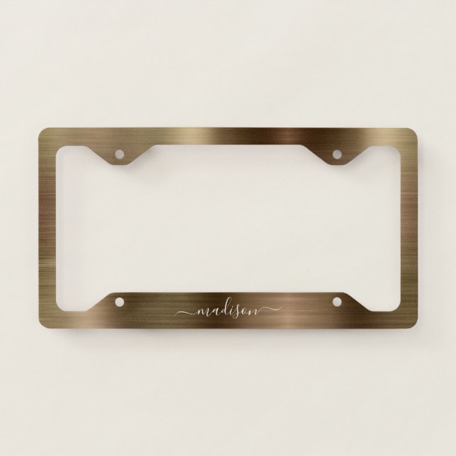 Gold Copper Brushed Metal Monogram Girly Script License Plate Frame (Front)
