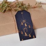 Gold Copper Christmas Decor and Trees on Dark Navy Gift Tags<br><div class="desc">Elegant chic winter seasonal dark midnight blue,  metallic copper,  red and light grey gift tag featuring a big Christmas tree globe decoration,  hand painted pine trees and "joy" trendy calligraphy script.</div>