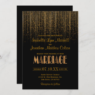 Gold Copper Star Rain Shower & Black Wedding Invitation