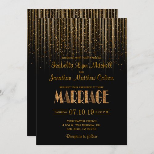 Gold Copper Star Rain Shower  Black Wedding Invitation